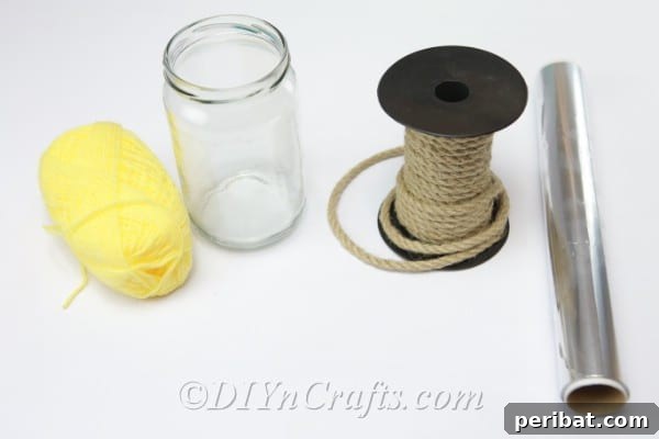Selecting an empty glass jar to determine the size of the DIY rope basket.