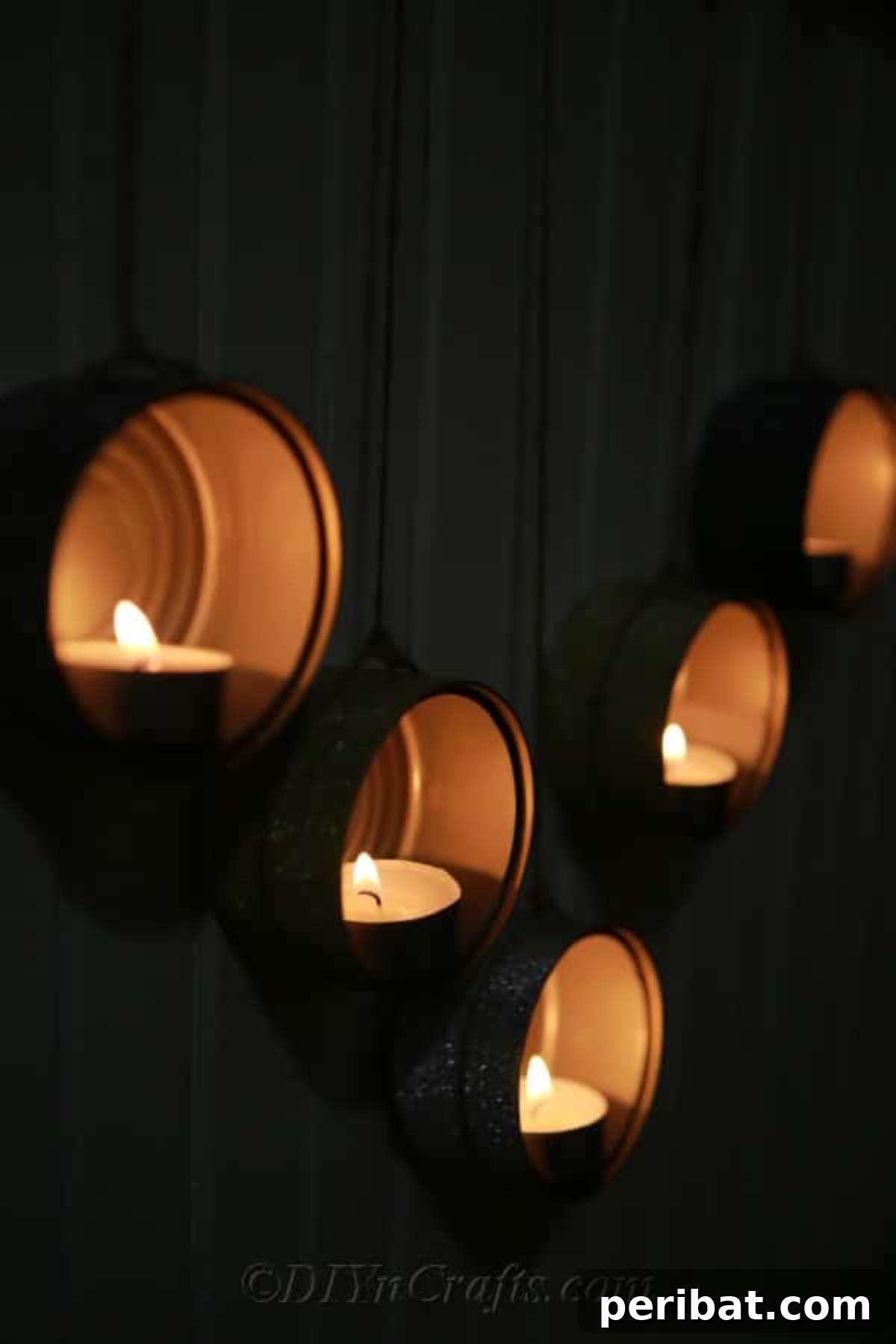 Transform Tuna Cans into Pretty Tealight Holders 2 Hanging wooden hanger with tuna can tealights, showcasing a beautiful rustic DIY decoration.