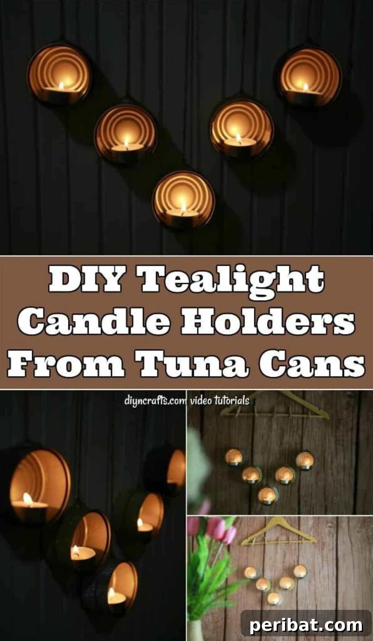 Transform Tuna Cans into Pretty Tealight Holders 12 How To Make Decorative Tealight Holders From Tuna Cans - Repurposed empty tuna cans into a useful and gorgeous wall decoration. The video tutorial shows you how easily turn empty cans into lovely tealight can holders. A stunning image for pinning.