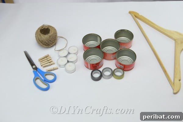 Transform Tuna Cans into Pretty Tealight Holders 5 Materials needed to make a DIY tuna can tealight holder, neatly arranged.