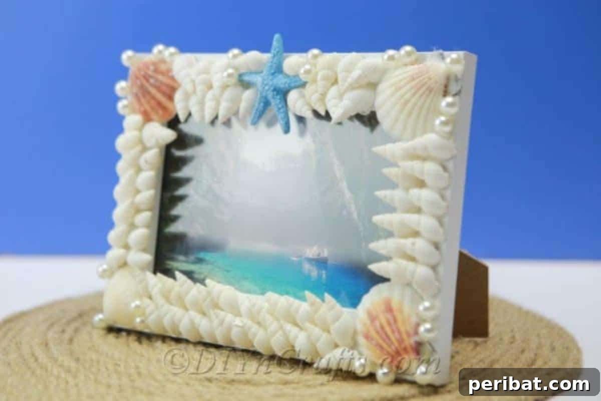 Seashell covered picture frame side view