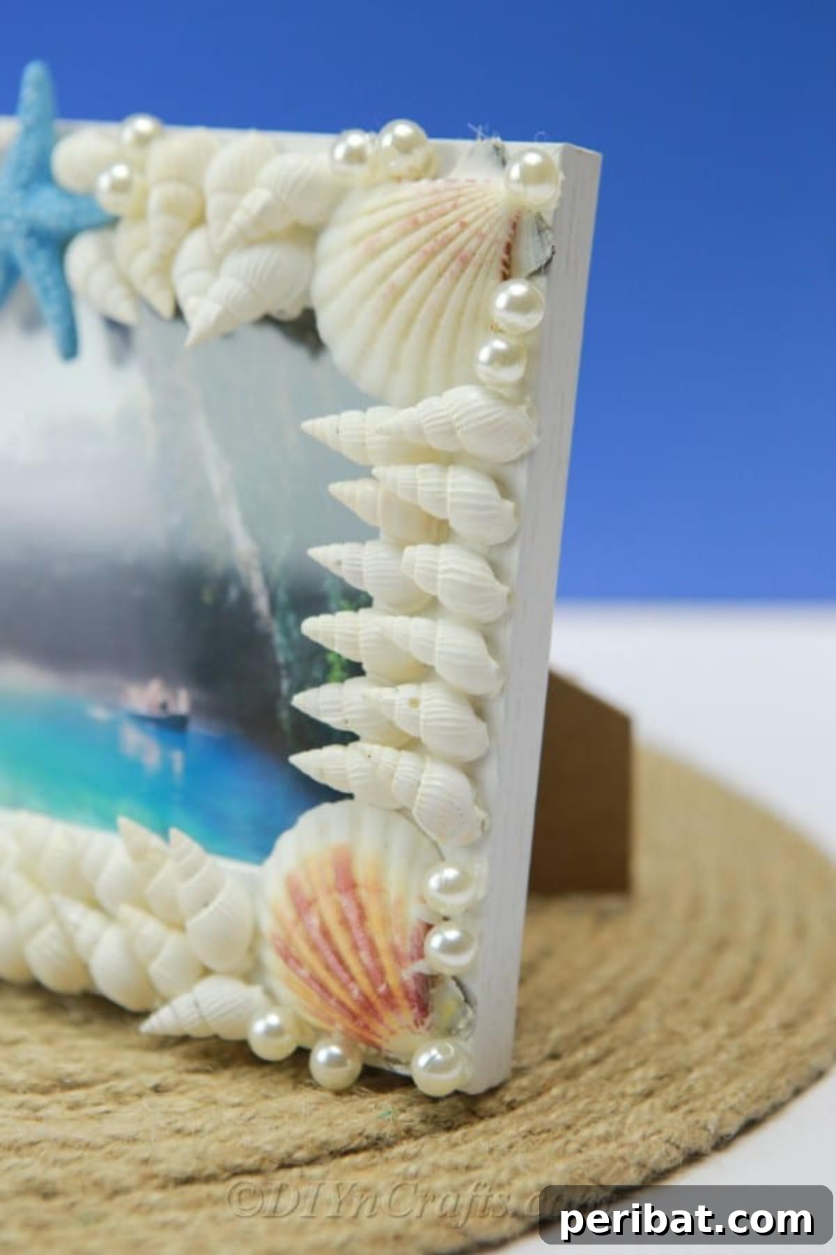 Close up image of the side of a shell covered picture frame 
