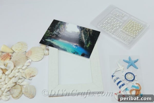 Supplies needed to make one seashell picture frame