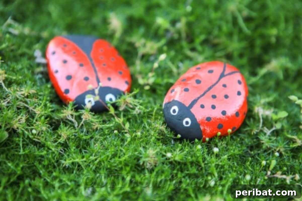 Whimsical Ladybug Stone Art 3 Two ladybug rocks in the garden