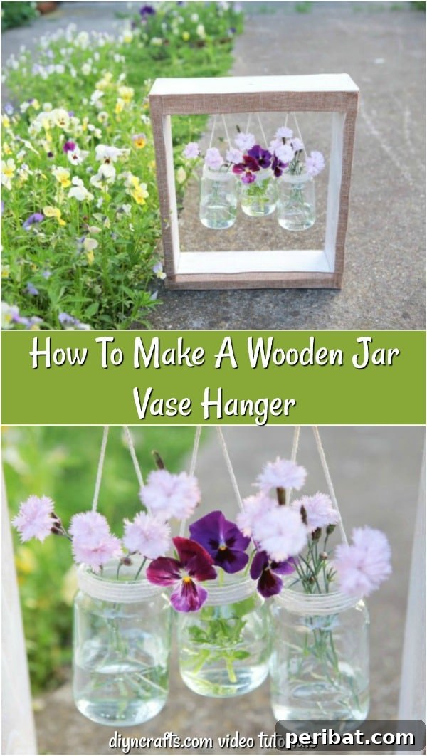 A beautifully arranged wooden jar vase hanger, filled with fresh flowers, perfect for pinning to gather inspiration for rustic and upcycled home decor projects.