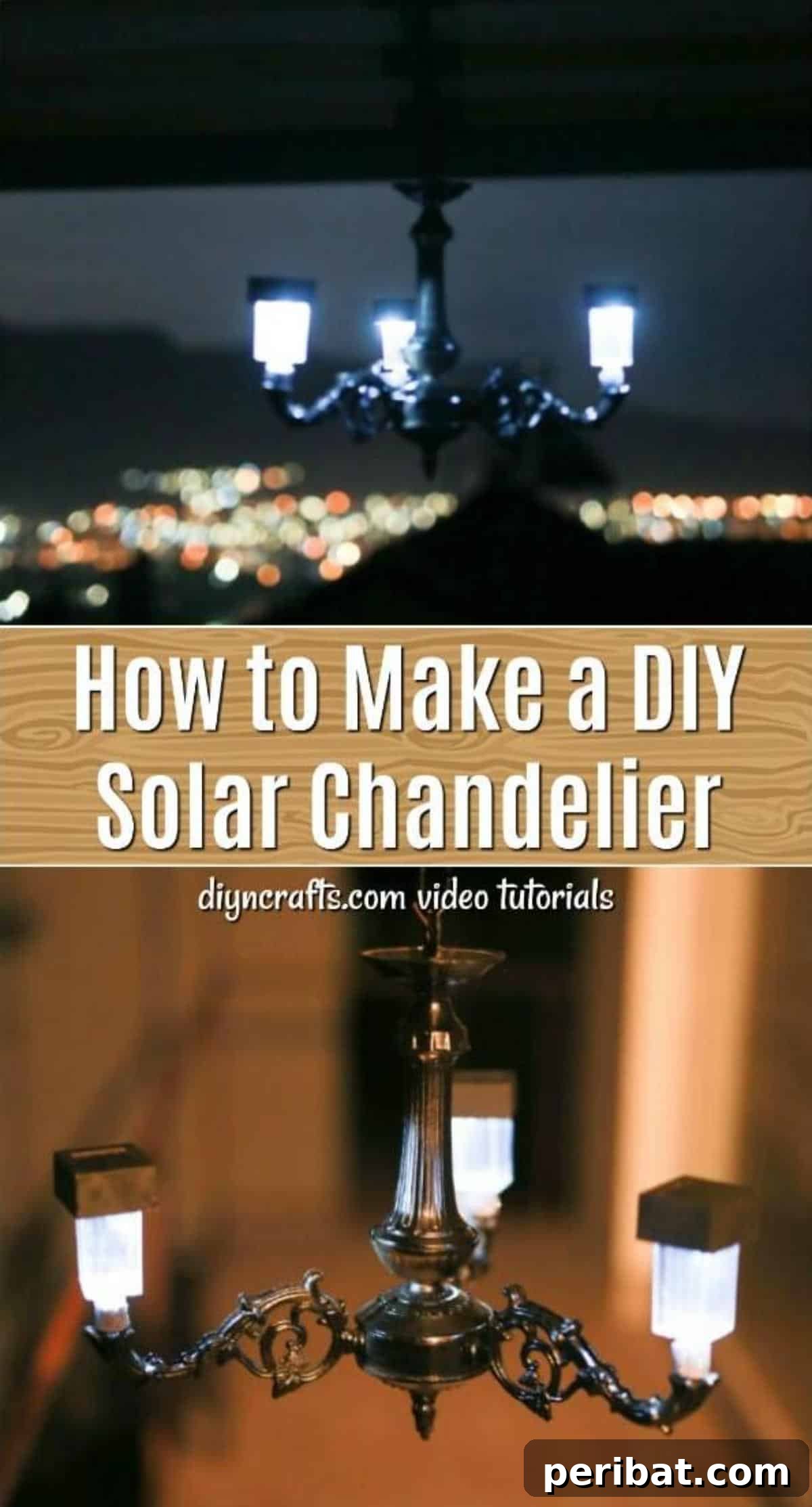 Pin this project: A beautiful DIY solar chandelier made from a repurposed old chandelier and Dollar Store supplies, perfect for garden decor.