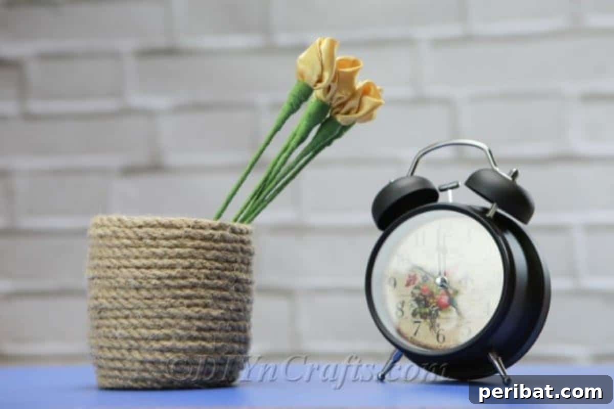 A rustic vase holding a bouquet of vibrant yellow satin tulips, creating a warm and inviting display.