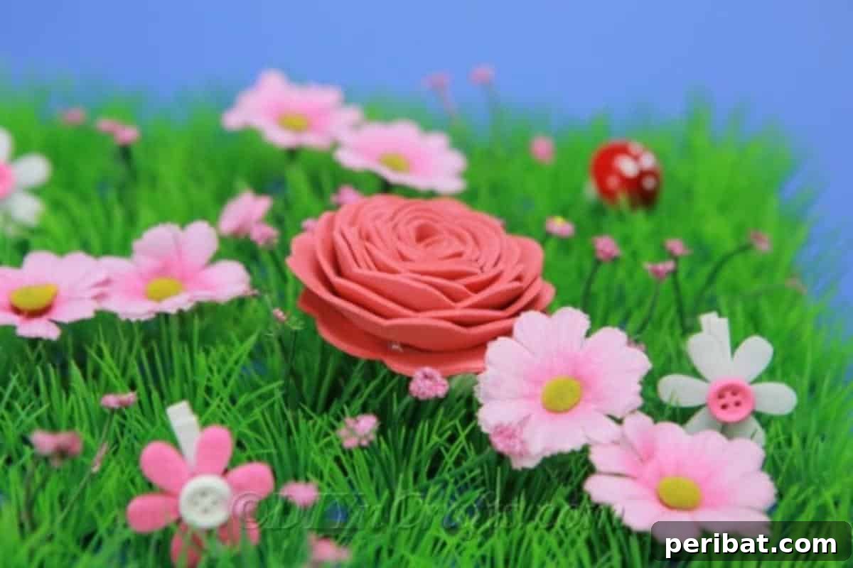 A bright foam flower playfully placed on green grass among small pink blossoms, highlighting its decorative appeal.