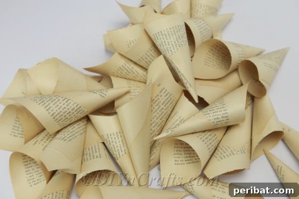 Literary Angel Wings Decor 10 A collection of cones made from book pages, ready for assembly