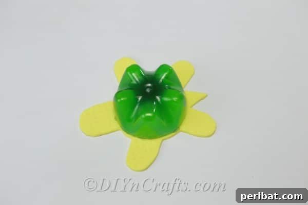 The plastic soda bottle bottom securely glued onto the craft foam turtle, forming the shell.