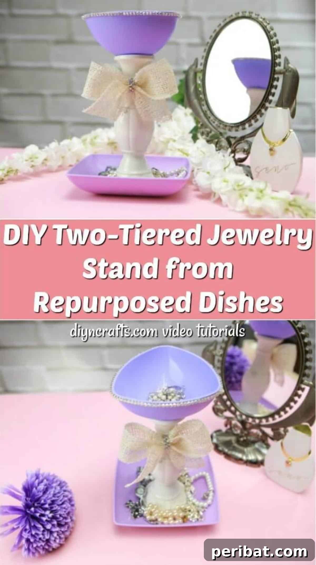 Upcycle Plates into a Stylish Two-Tier Jewelry Holder 11 DIY Two-Tiered Jewelry Stand from Repurposed Dishes Pinterest image