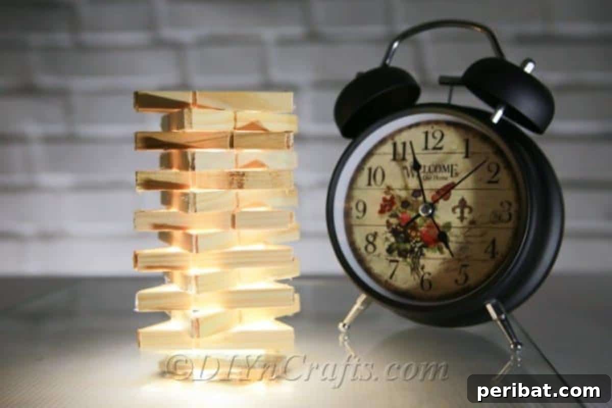 Transform Clothespins into a Stylish Lamp 5 The finished clothespin lamp sits elegantly beside an alarm clock on a bedside table.