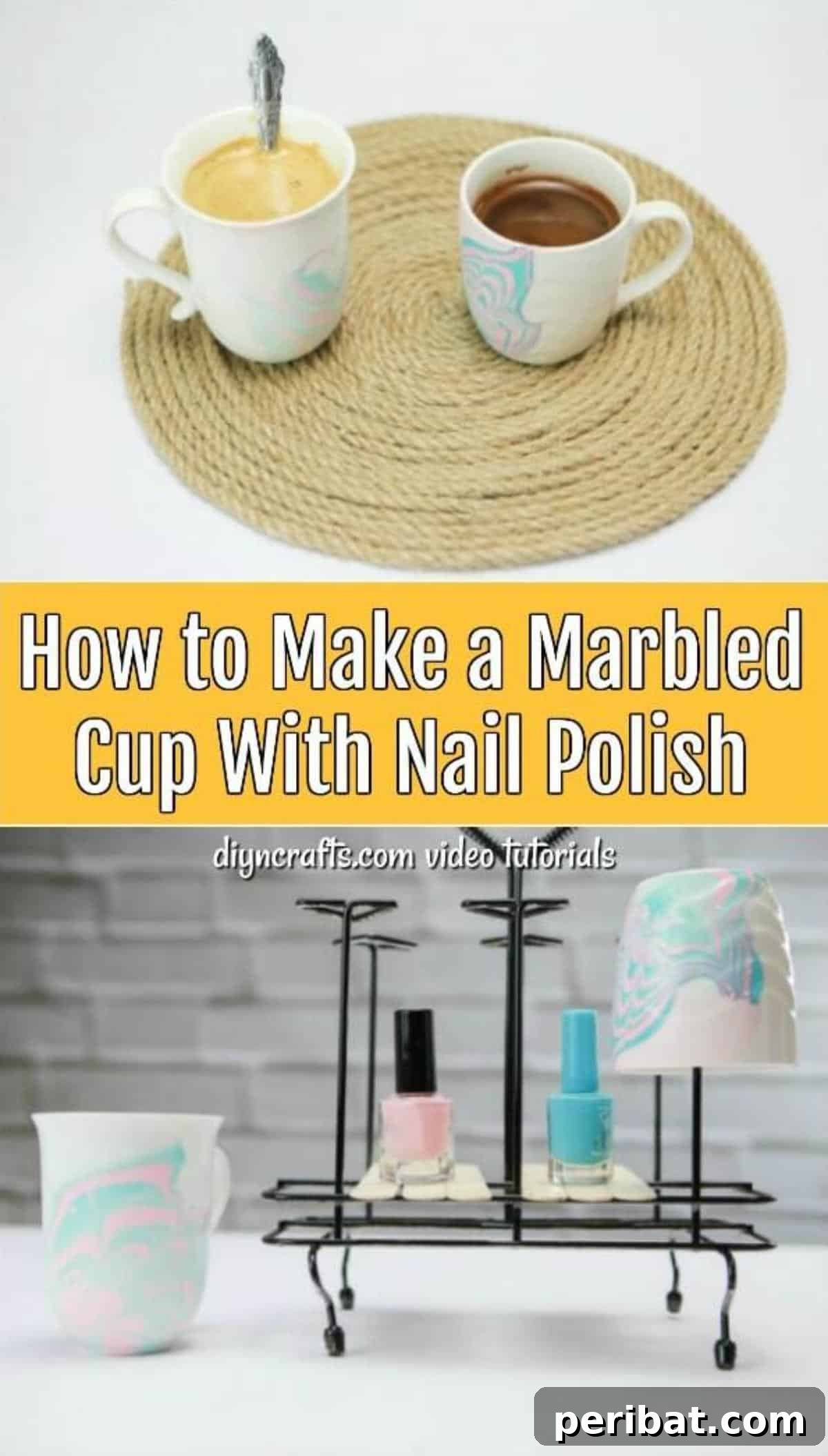 Nail Polish Marble Cup Magic 16 Pinterest optimized image showcasing a beautifully marbled coffee cup made with nail polish, along with the title 'How To Make A Marbled Cup With Nail Polish'.