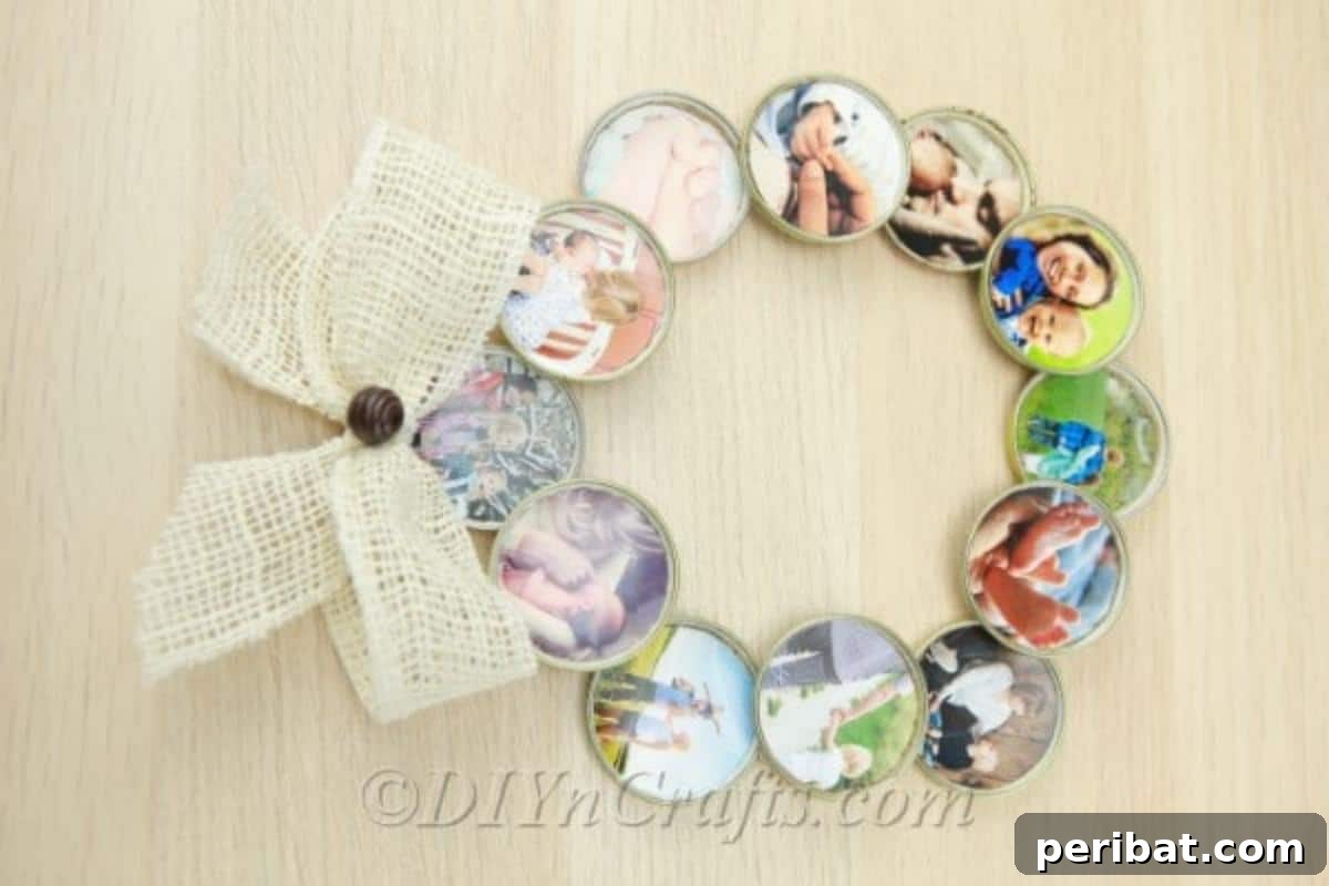 A beautifully crafted DIY photo wreath made from mason jar lids, adorned with a rustic bow and showcasing various family photos.