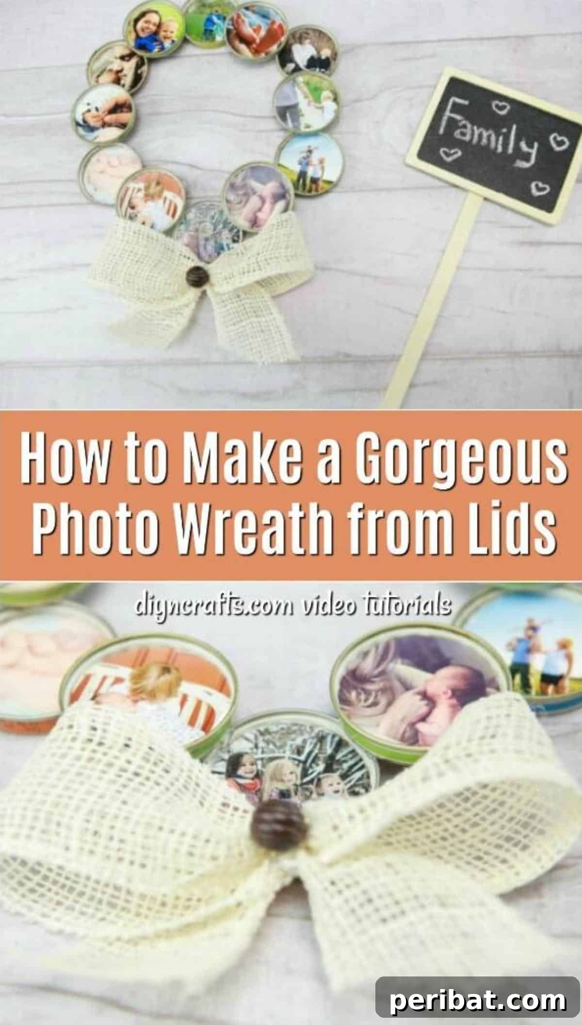 Pinterest-ready image for 'How to Make a Gorgeous Photo Wreath from Lids' - a visually appealing pin with project title and description, perfect for saving to a DIY crafts board.