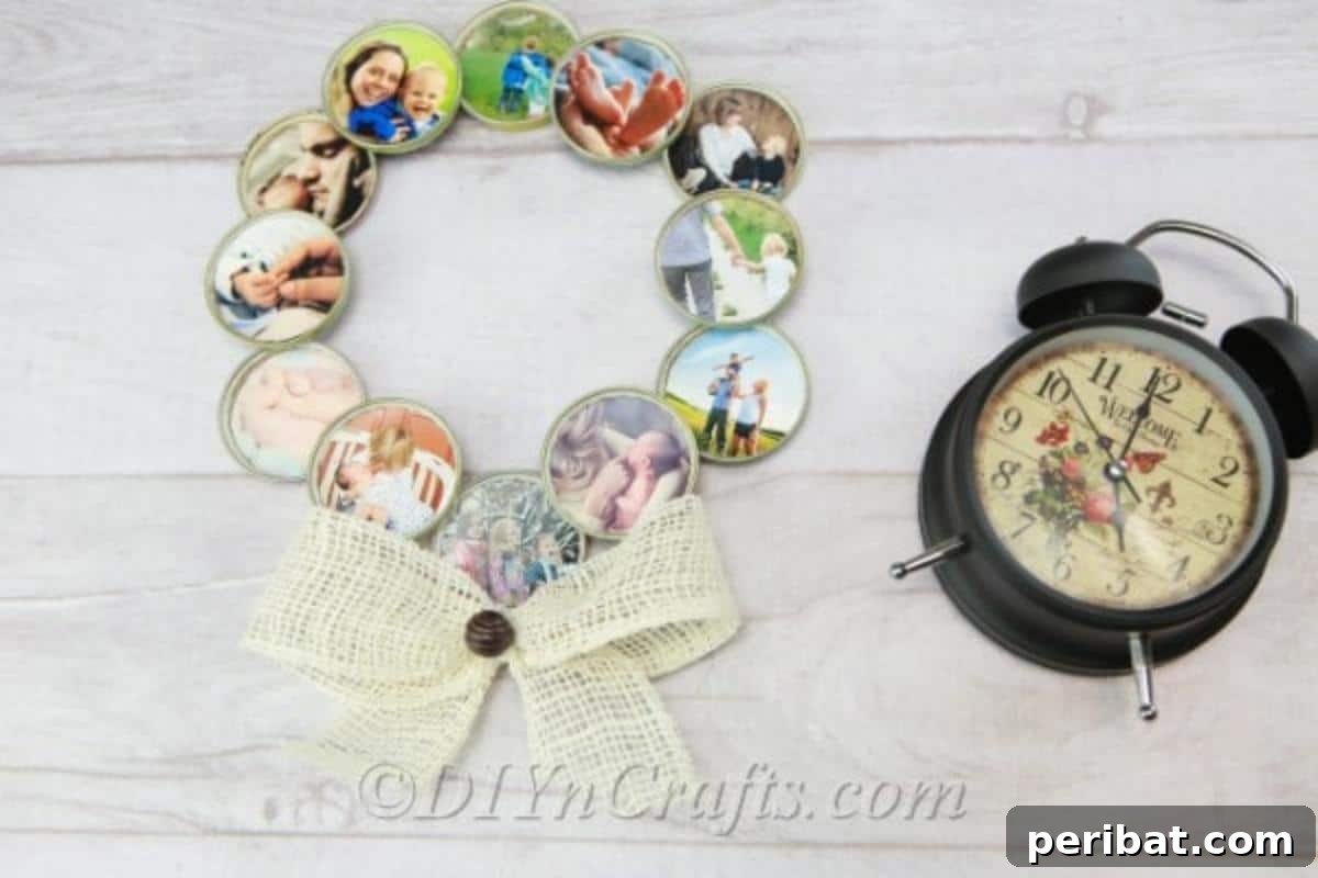 Close-up of a DIY photo wreath crafted from various jar lids, displaying cherished family memories, set beside a vintage black alarm clock.