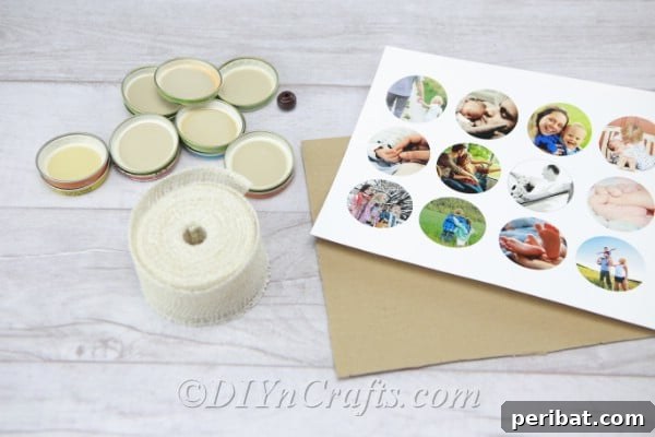 Supplies needed to make a photo wreath from jar lids