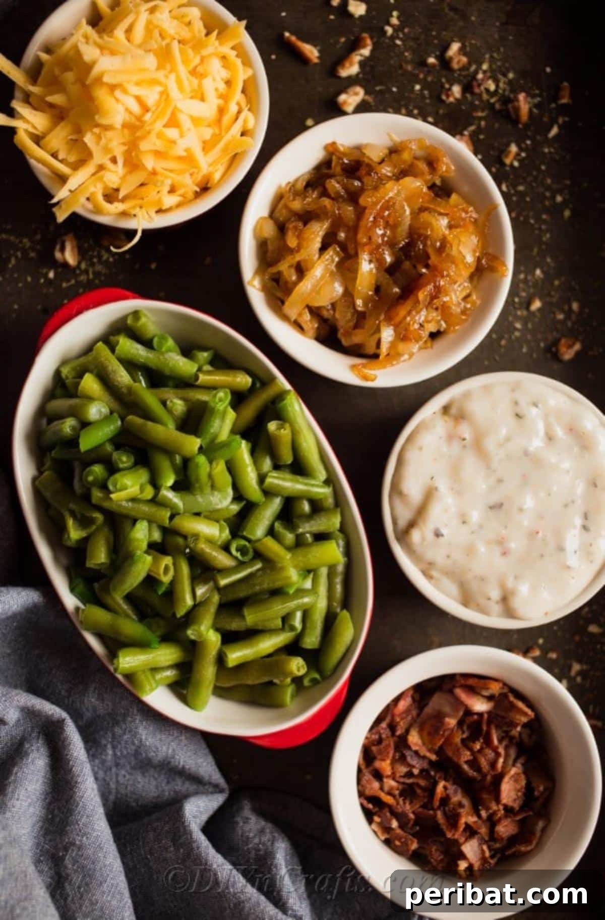 Irresistible Green Bean Casserole 3 Ingredients for green bean casserole: fresh green beans, crispy bacon, and shredded cheese