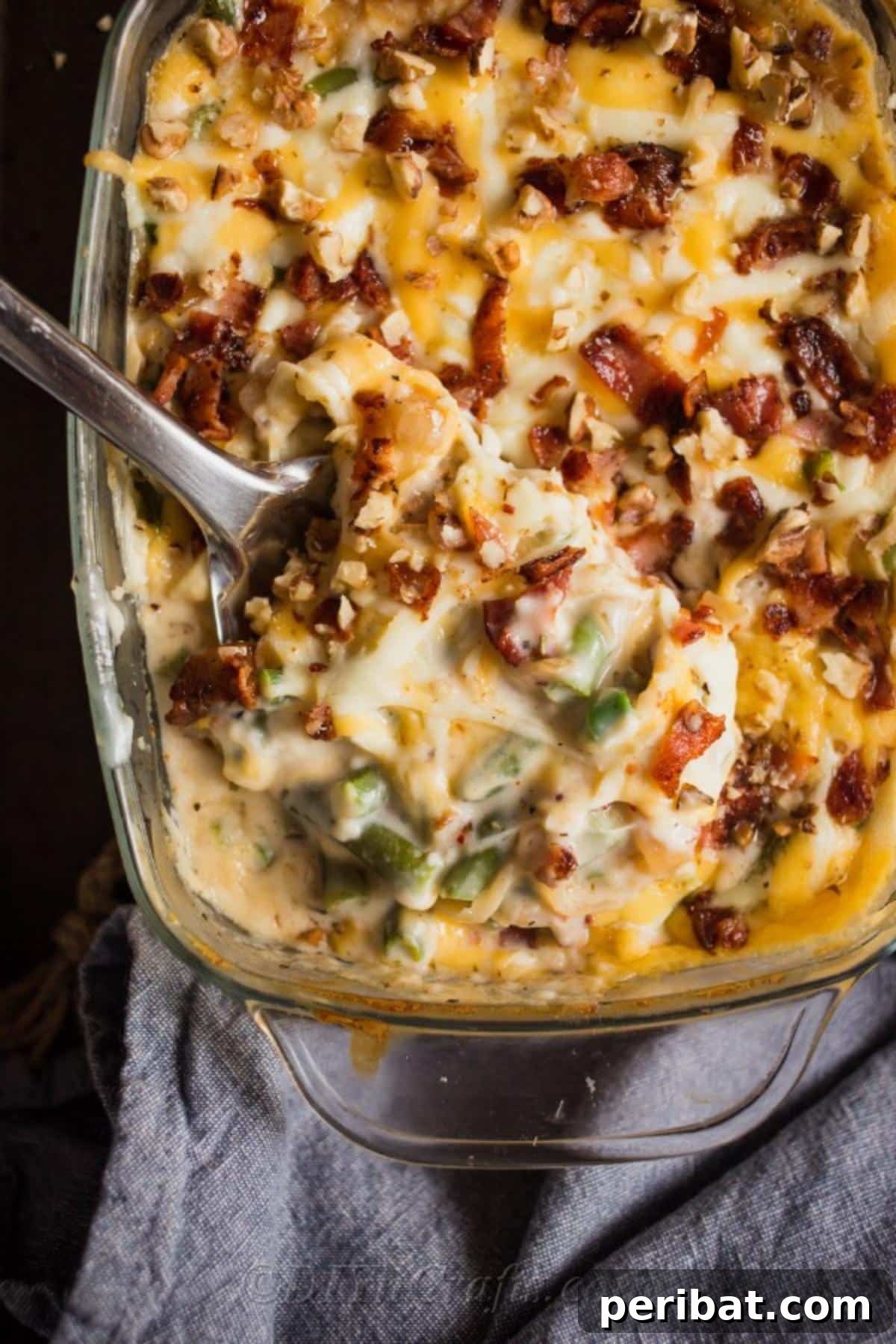 Irresistible Green Bean Casserole 5 A freshly baked green bean casserole, golden and bubbly, ready for serving