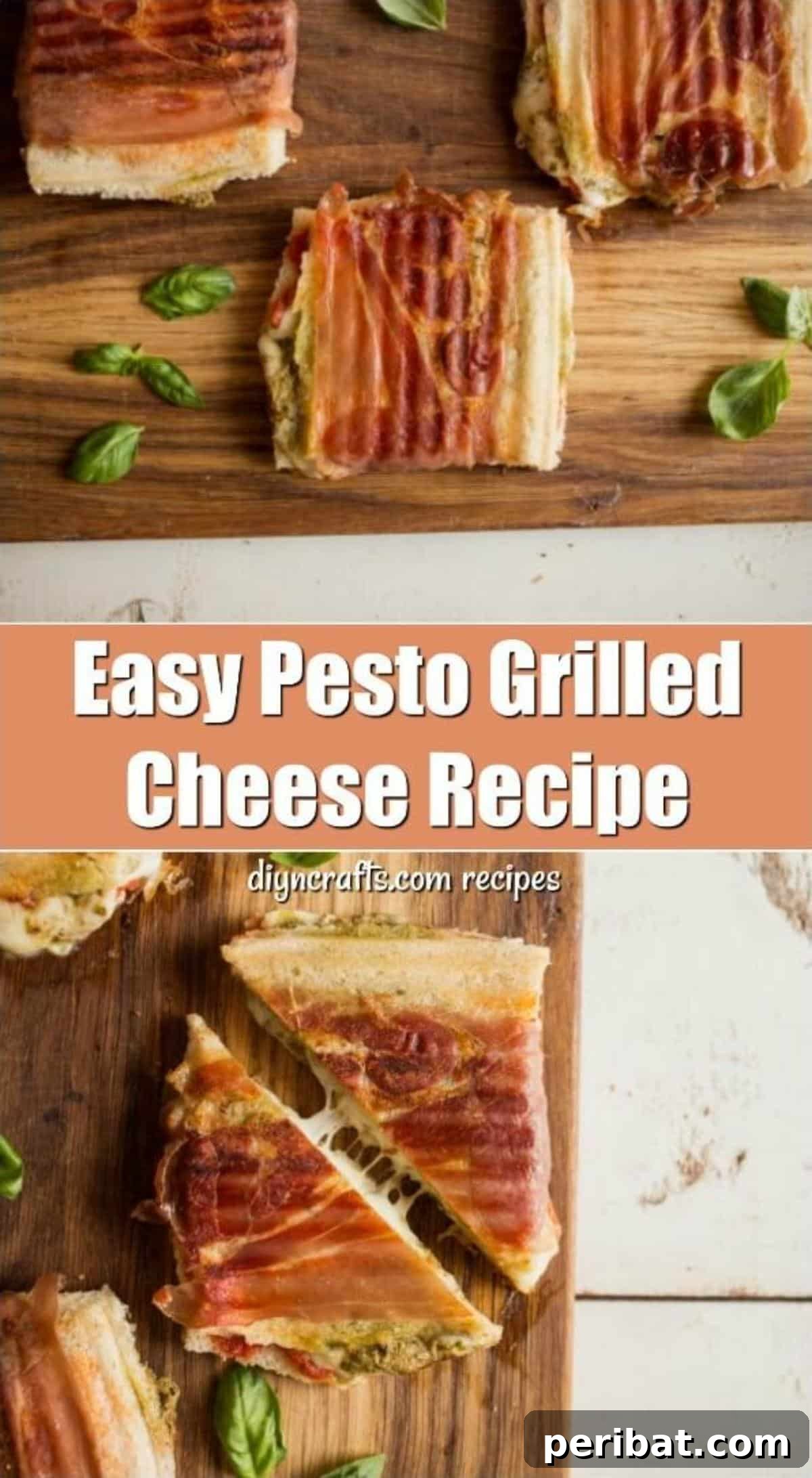 Pesto Perfection Grilled Cheese 7 Easy Pesto Grilled Cheese Recipe Pinterest image featuring a sliced, golden brown sandwich with prosciutto