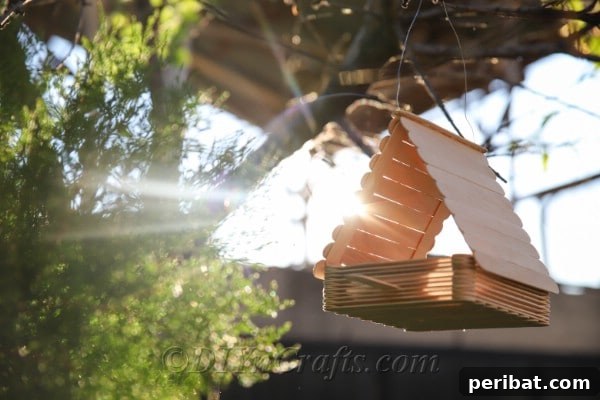 Hang your completed craft stick bird feeder in your garden to attract feathered friends.