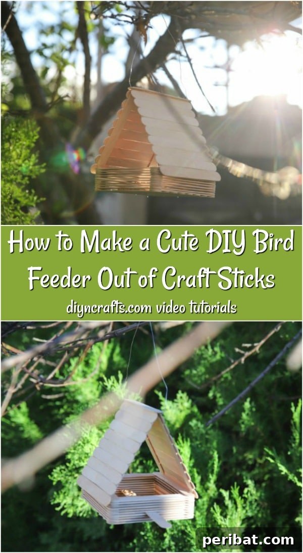 A finished craft stick bird feeder, ready for birds.