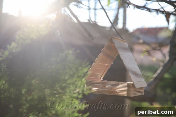 Your charming craft stick DIY bird feeder will enhance the beauty of any outdoor setting.