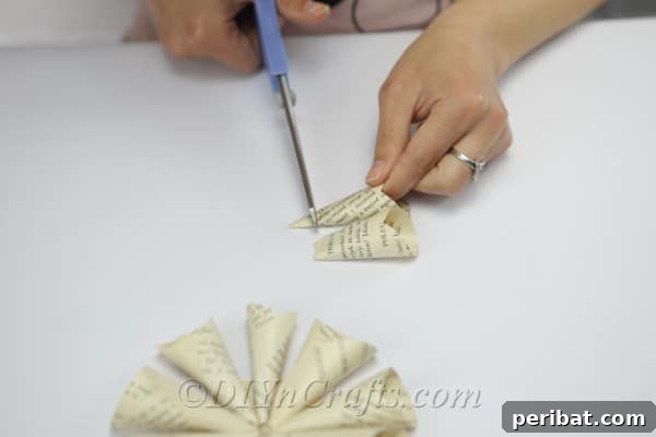 Literary Blooms: Crafting Flowers from Old Book Pages 14 Trim the ends of the cones that you will be attaching next.