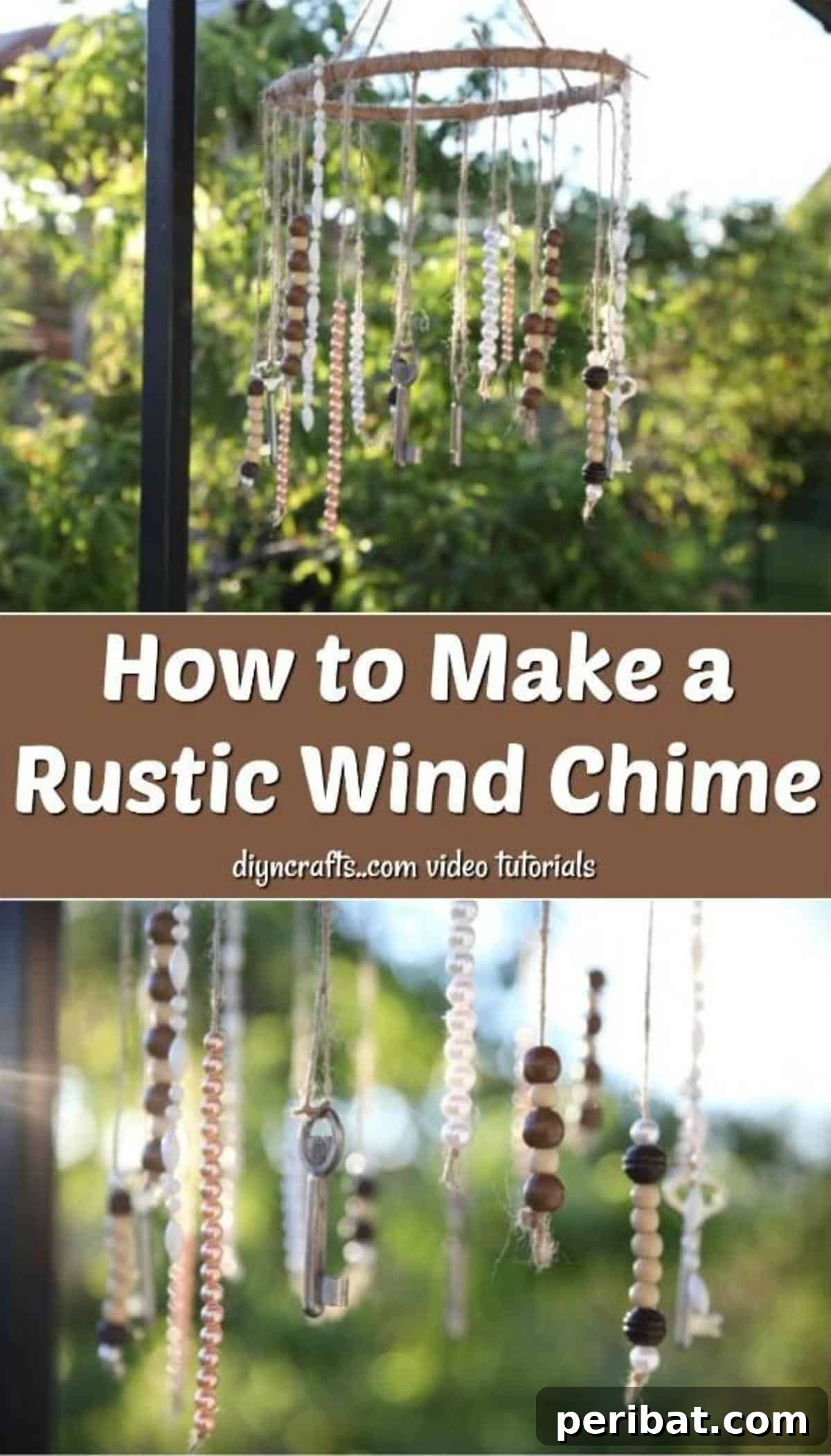 Crafting Your Own Rustic Wind Chime 21 How to Make a Rustic Wind Chime - Always wanted to learn how to make DIY wind chimes? We’ll show you how to make wind chimes step by step in our new video tutorial. A vertical Pinterest pin image featuring a rustic wind chime made from keys and beads, against a soft, sunlit background.