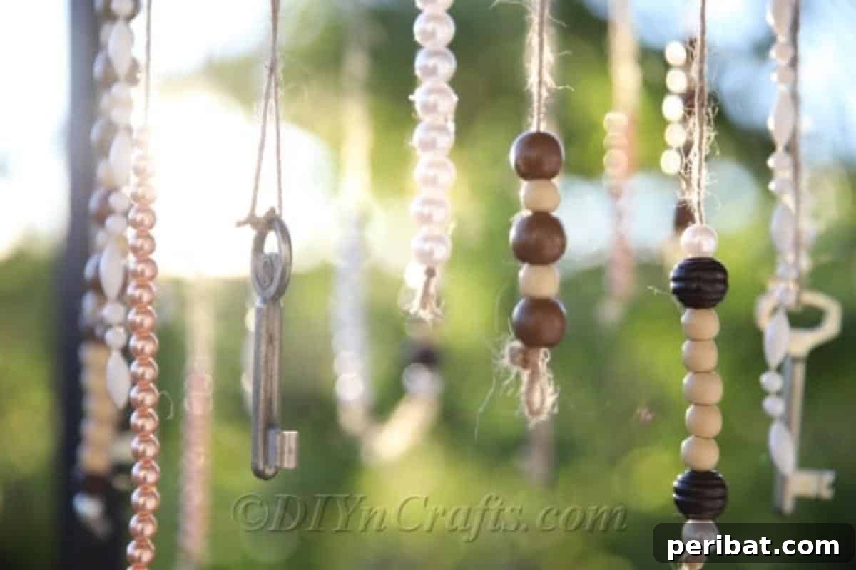 Crafting Your Own Rustic Wind Chime 4 You can make wind chimes out of cheap and simple materials. A close-up of various craft supplies: a wooden hoop, a ball of twine, old keys, and a collection of faux pearls.