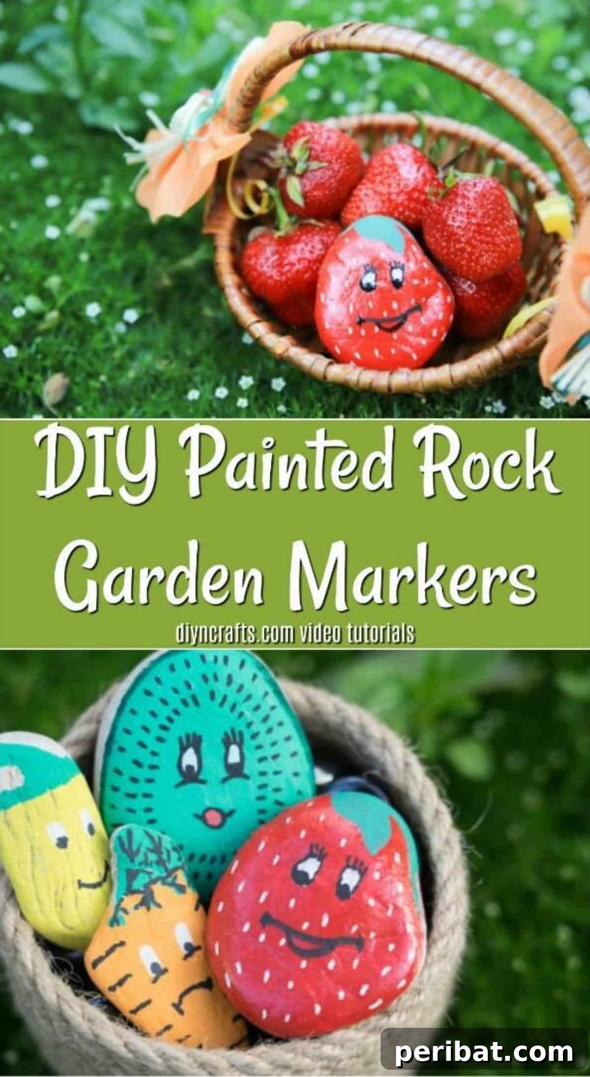 Charming Hand-Painted Stone Garden Labels 18 DIY Painted Rock Garden Markers pinterest image. A beautifully arranged photo of finished fruit-themed rock markers for pinning.