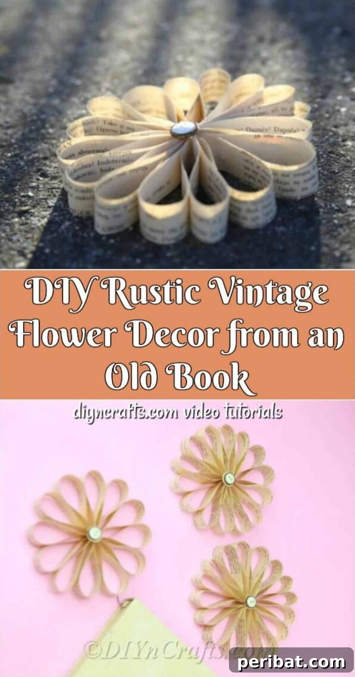 Bookish Blooms Rustic DIY Decor 24 DIY Rustic Vintage Flower Decor from an Old Book - Want to create beautiful vintage paper craft flowers using an old book? Pin this detailed tutorial to learn how to turn book pages into stunning, rustic petals.
