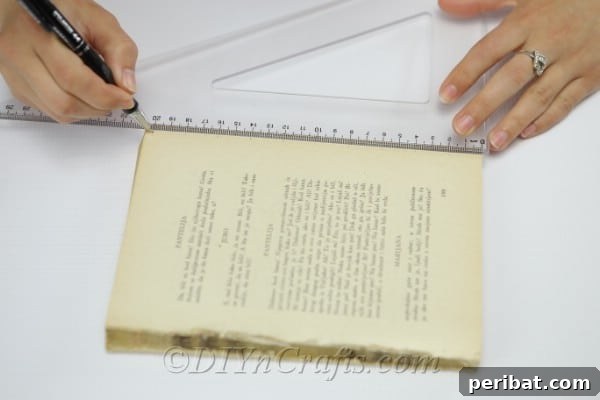Bookish Blooms Rustic DIY Decor 5 We start by using a straight edge to trace lines on the old book page.