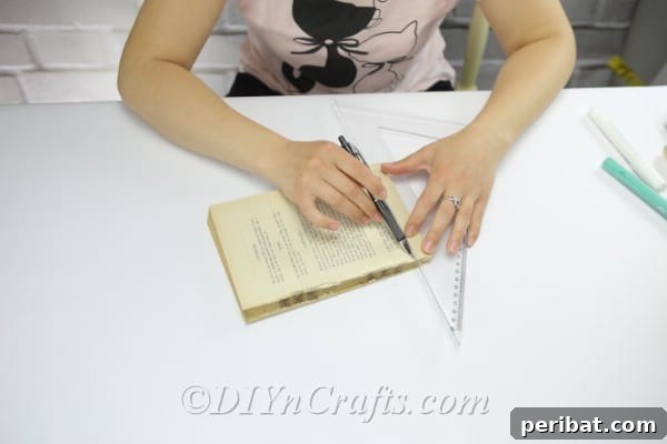 Bookish Blooms Rustic DIY Decor 6 We begin by drawing careful, even lines across the book page using a ruler.