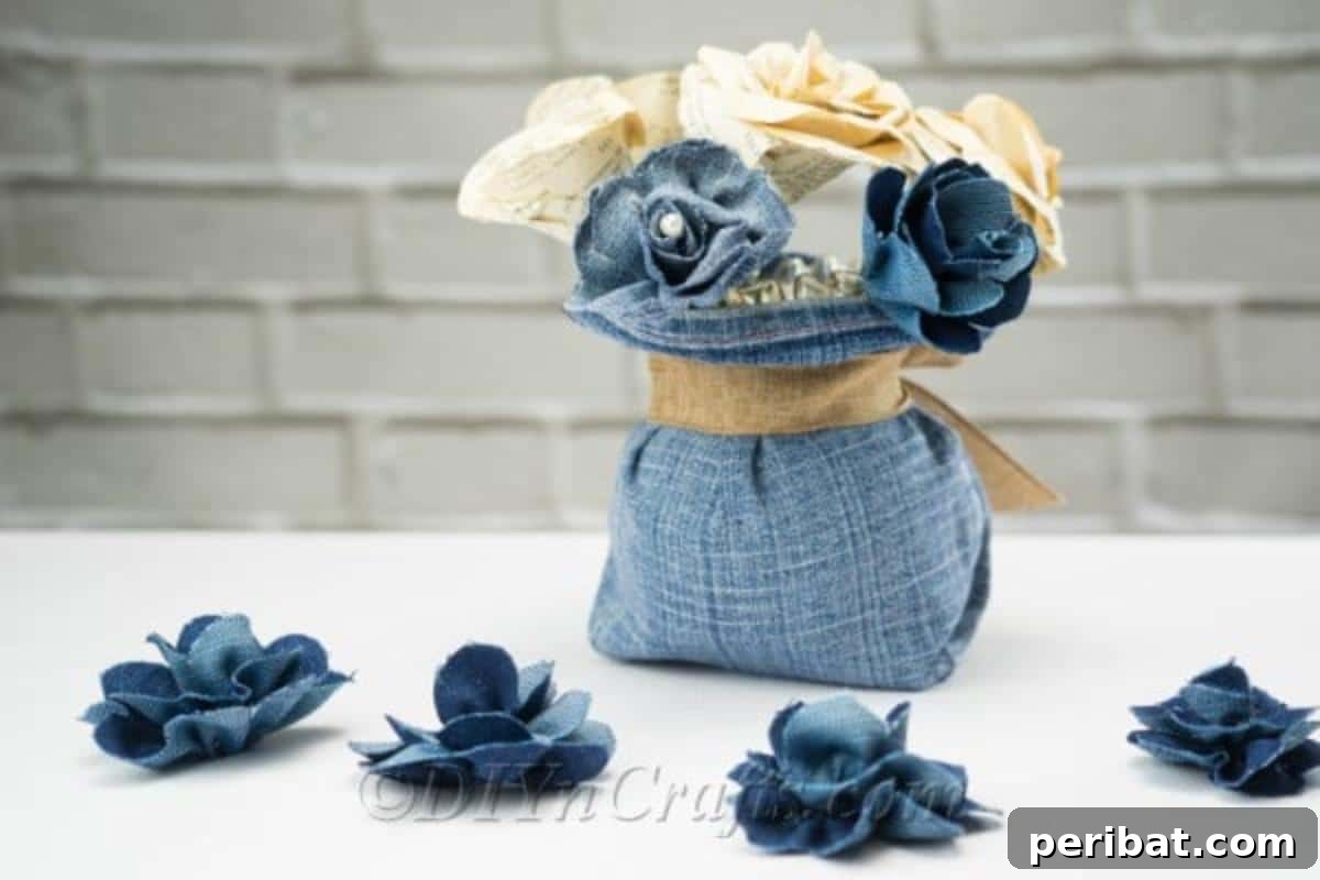 Blooming Denim Art 3 Close-up of denim flowers being crafted, highlighting the ease and potential for realism.