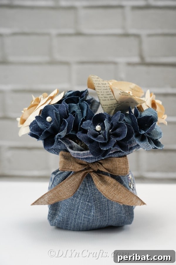 Continue making multiple denim flowers from strips of denim for a fuller arrangement.