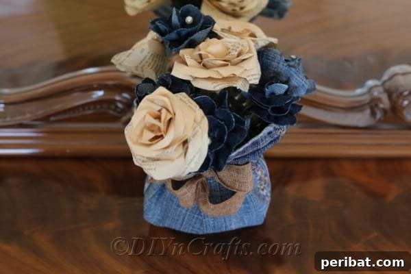The final denim floral arrangement, a charming and unique rustic decor piece.