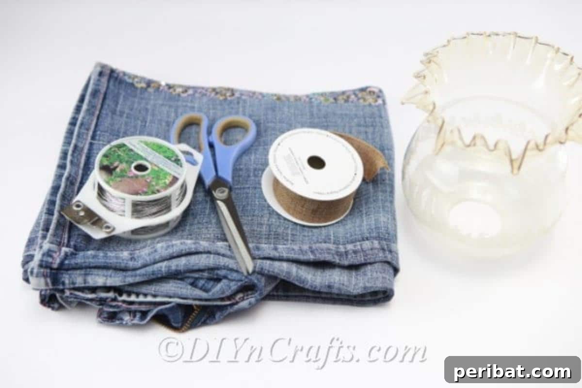 Blooming Denim Art 4 A collection of materials and tools laid out, ready for the denim flower craft project.