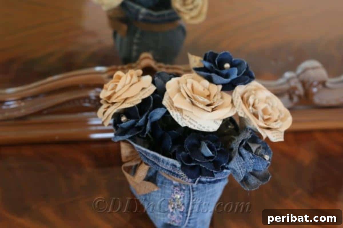 Blooming Denim Art 5 A rustic floral centerpiece made from old jeans, displayed beautifully on a table.