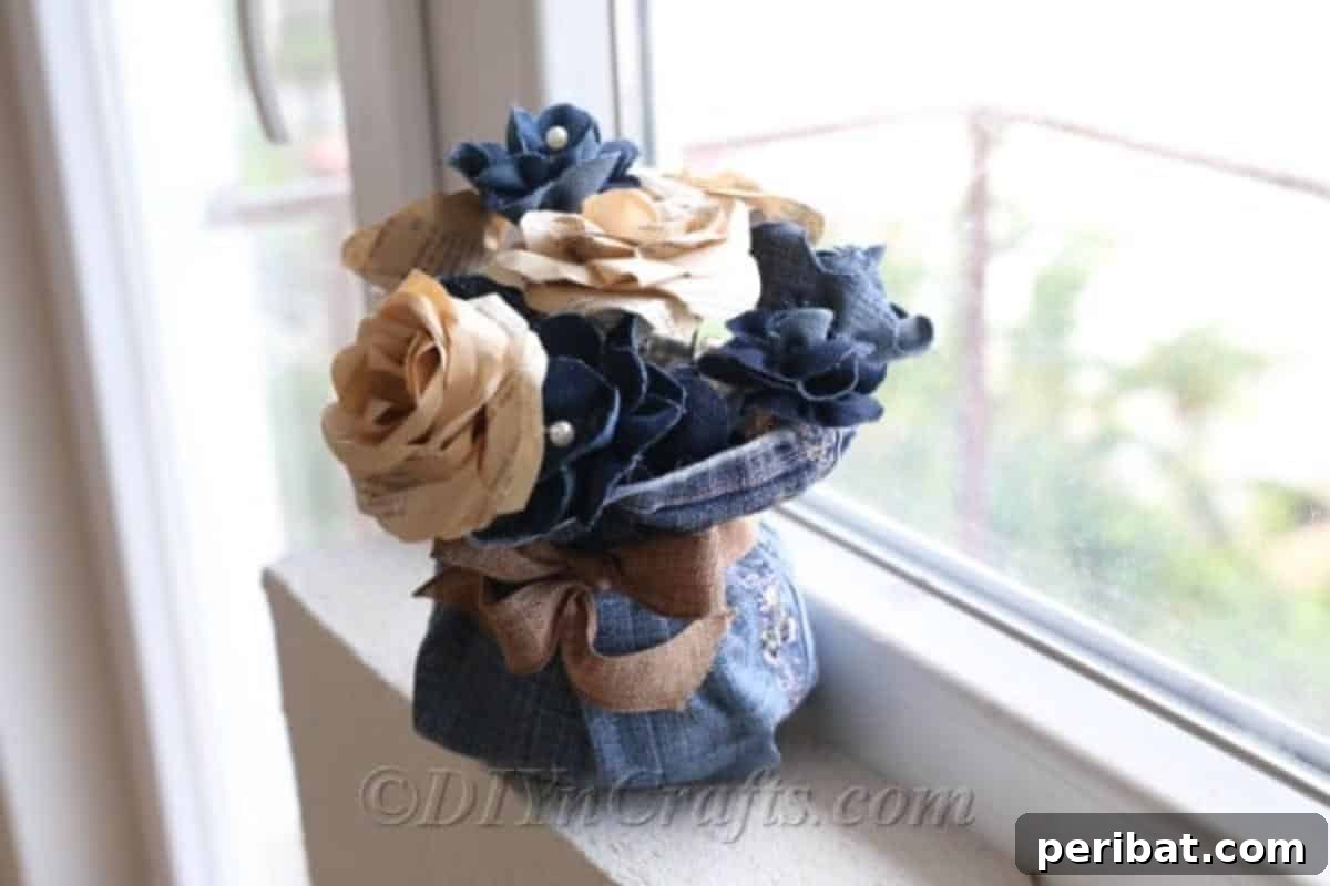 Blooming Denim Art 27 A finished rustic denim floral arrangement, suitable for various home display settings.