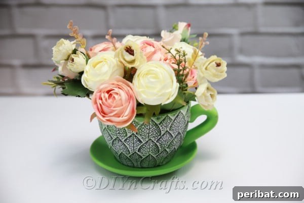Floral Magic in a Teacup 16 The completed easy floral decor in a teacup, looking beautiful and ready for display.