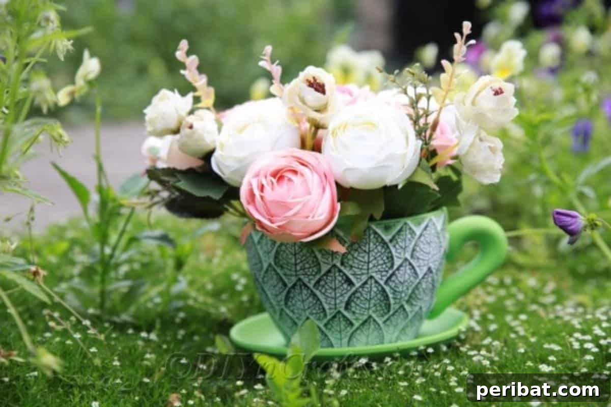 Floral Magic in a Teacup 3 Close-up of a rustic floral arrangement in a teacup, placed on a weathered wooden surface in a garden.