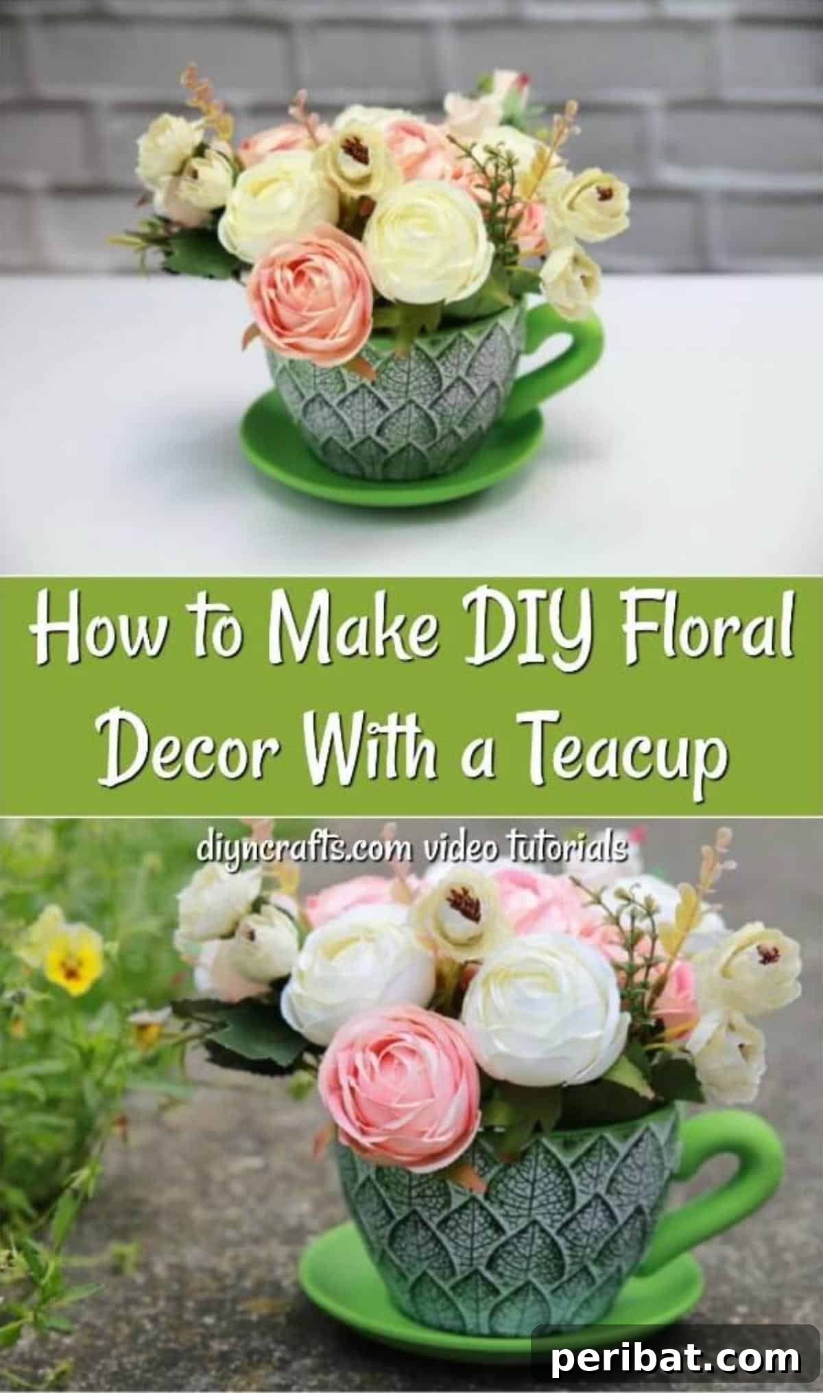 Floral Magic in a Teacup 20 Pinterest collage featuring various stages and finished examples of the teacup floral decor project, designed for easy sharing.