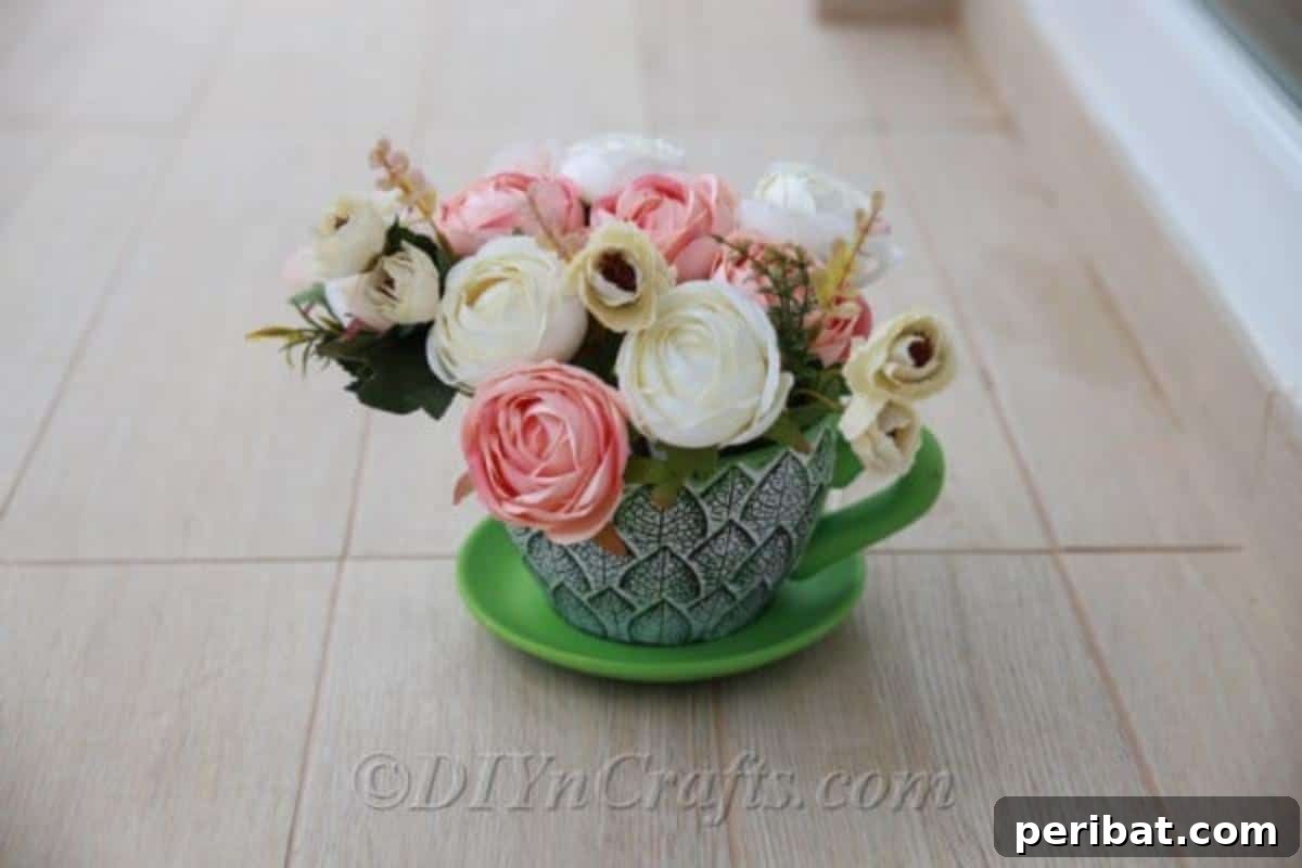 Floral Magic in a Teacup 6 An array of finished DIY floral teacup decor projects displayed across different settings, showcasing their versatility.