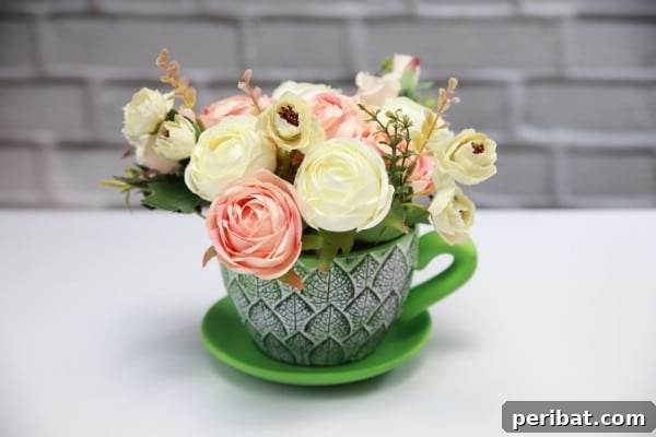 A charming DIY floral decor piece elegantly arranged within a teacup, ready for display.