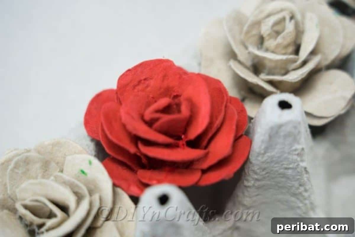 Craft Exquisite Roses from Recycled Egg Cartons 5 Egg carton roses are beautiful to display on their own or to integrate into other craft projects, offering versatile decor options.