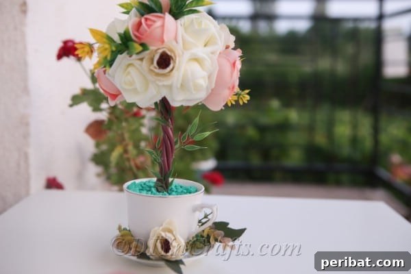Your completed topiary tree flower arrangement is a truly stunning piece of handmade decor.