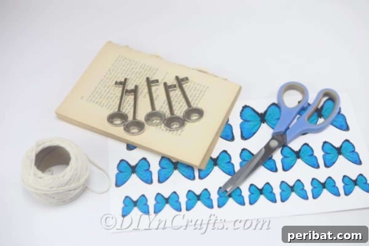 DIY Rustic Butterfly Art from Upcycled Books 22 Materials needed to make rustic butterflies from an old book, including paper, keys, and twine.