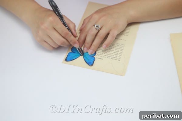 Trace around your butterfly stencils on the old book pages using a pencil.