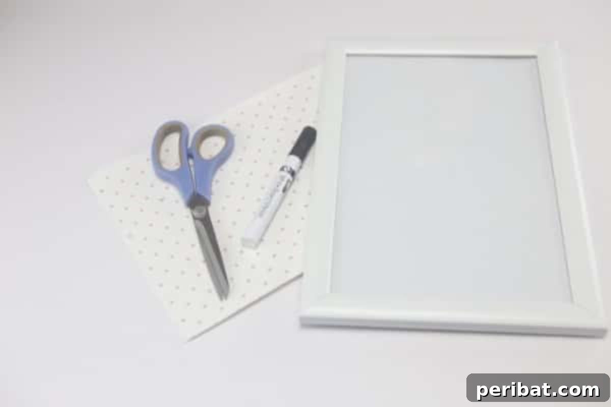 Build a Custom Whiteboard for Your Office 4 You only need these few simple supplies to make your DIY whiteboard project a success: a picture frame, decorative paper, scissors, and a dry-erase marker with an eraser.